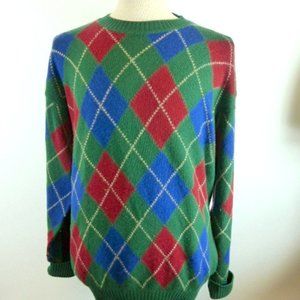 MALO Italy green blue red argyle plaid 100% cashmere crew neck sweater XL